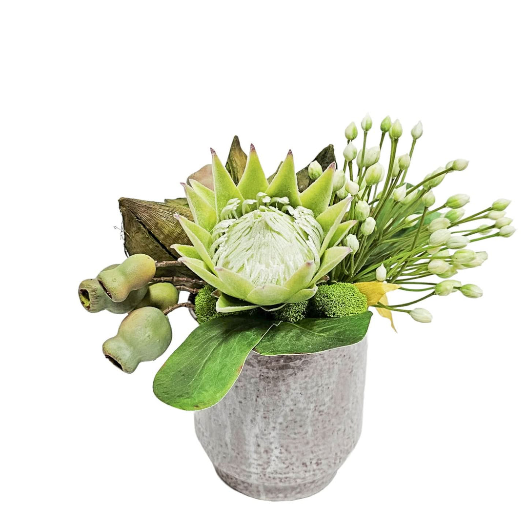 Protea, Allium, Sora and Pods in Glazed Ceramic 10.5"H - LDF SilkArtificial Flora