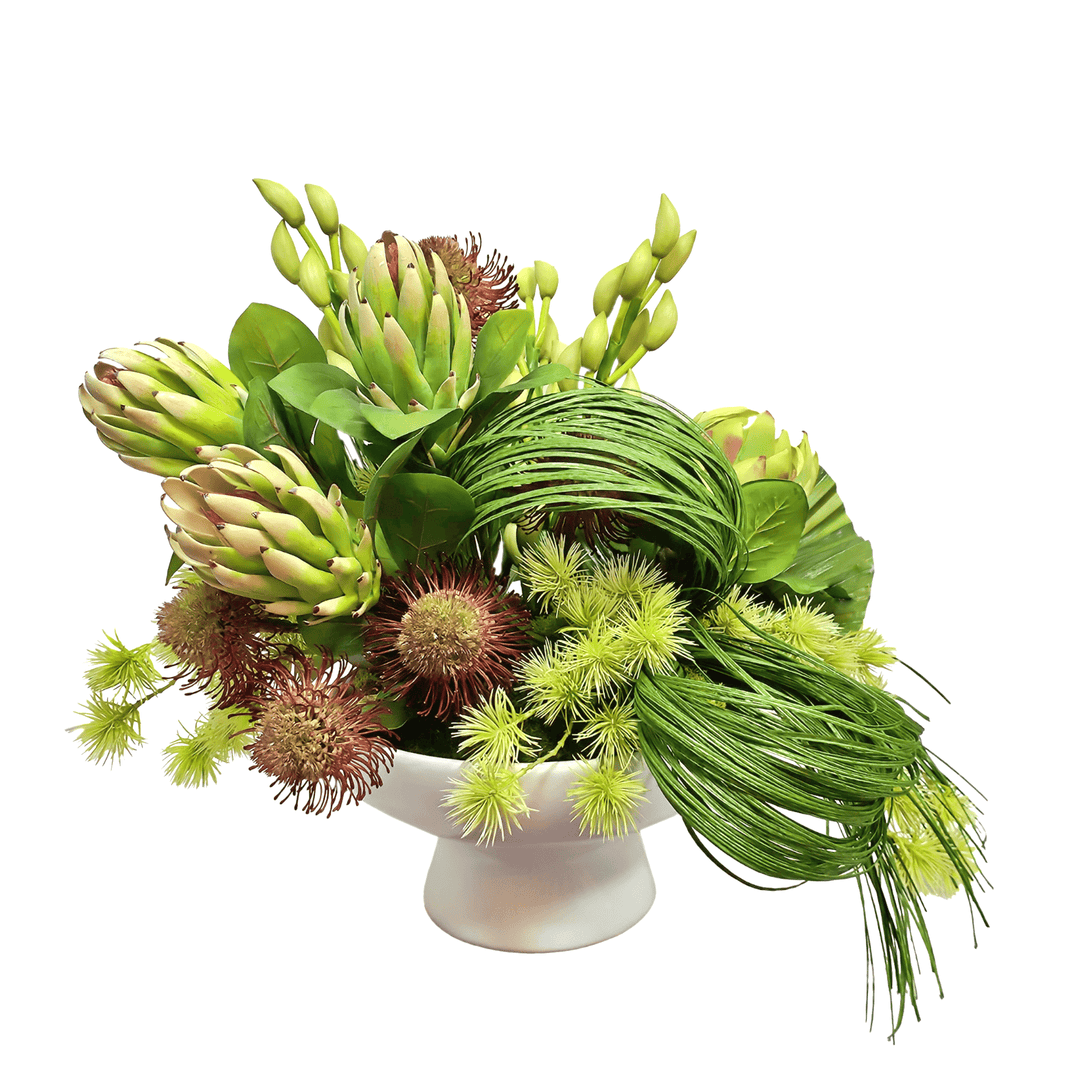 Protea and Thistle with Fan Palms and Wrapped Grass in Ceramic Compote 21"H - LDF Silk