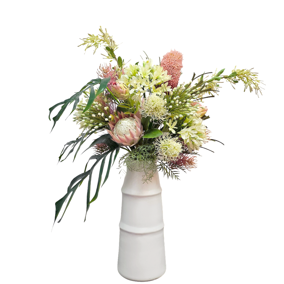 Protea, Banksia, Allium and Monstera Leaves in Ceramic Vase 37"H - LDF Silk