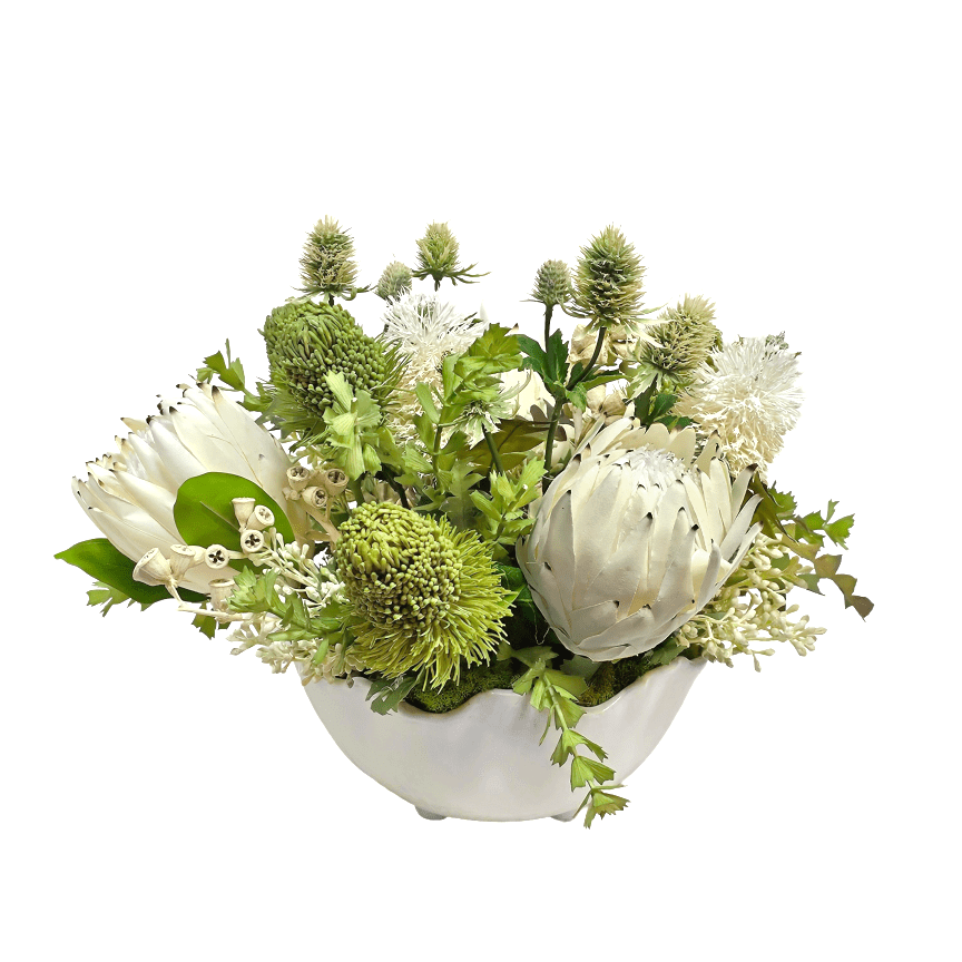 Protea, Banksia, Thistle, Seeded Berries, and Conical Gum Branches in Bowl 15"H x 18"W x 17"D - LDF Silk
