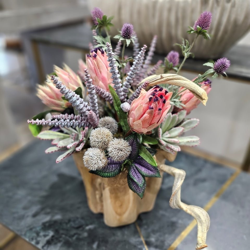Protea, Burro's Tail, Allium and Twisted Vine in Wood Bowl 23"H - LDF Silk