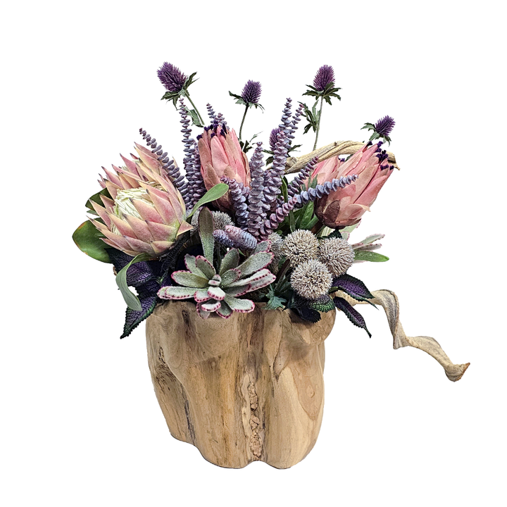 Protea, Burro's Tail, Allium and Twisted Vine in Wood Bowl 23"H - LDF Silk