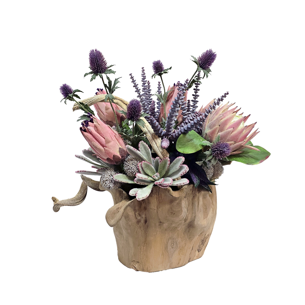 Protea, Burro's Tail, Allium and Twisted Vine in Wood Bowl 23"H - LDF Silk