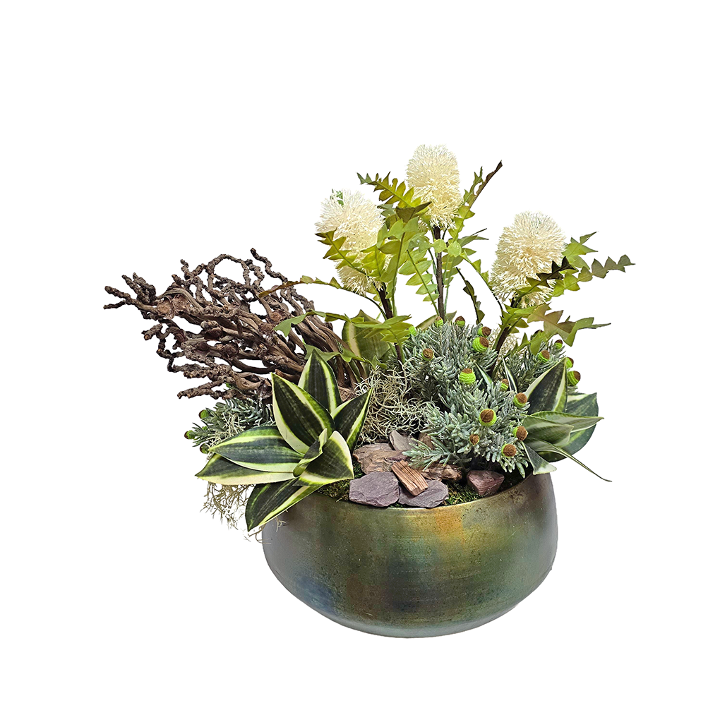 Protea, Dried Coco Jhar, Bromeliad Plants, Spanish Moss and Rocks in Metal Bowl 19.5"H - LDF Silk