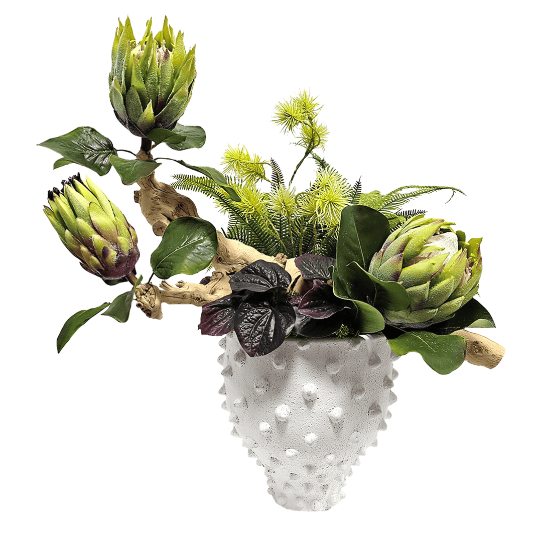 Protea, Fern, and Spiney Pods in Textured Ceramic. FH: 25" - LDF SilkArtificial Flora