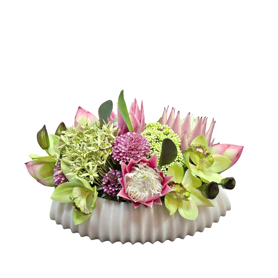 Protea, Lotus Bud, Fennel Seed, Allium, Cymbidium Orchid, and Dahlias in Ribbed Bowl 11"H - LDF Silk