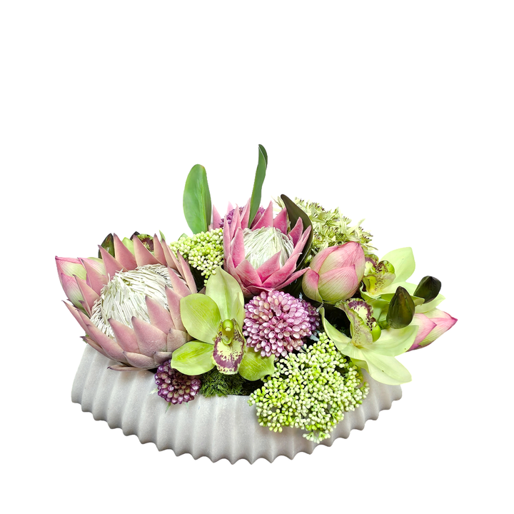 Protea, Lotus Bud, Fennel Seed, Allium, Cymbidium Orchid, and Dahlias in Ribbed Bowl 11"H - LDF Silk