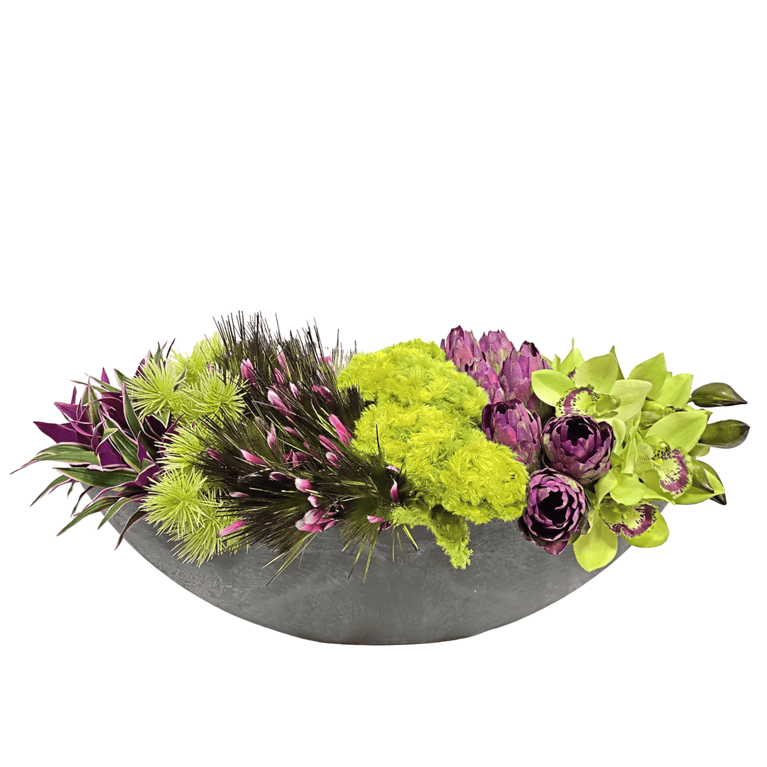 Protea, Orchids, Coxcomb and Tradescantia in Oval 12"H - LDF Silk