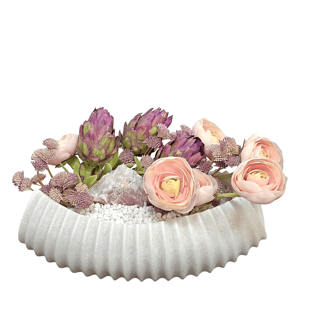 Protea, Ranunculus, and Mini Flowers with Pink Rock in Carved Stone Oval Bowl 7.5"H - LDF Silk