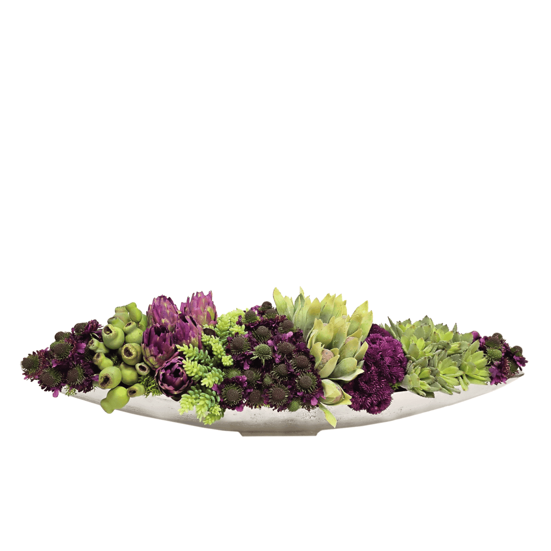 Protea, Scabiosa, Sedum, Agave and Pods in Metal Boat 9"H - LDF Silk