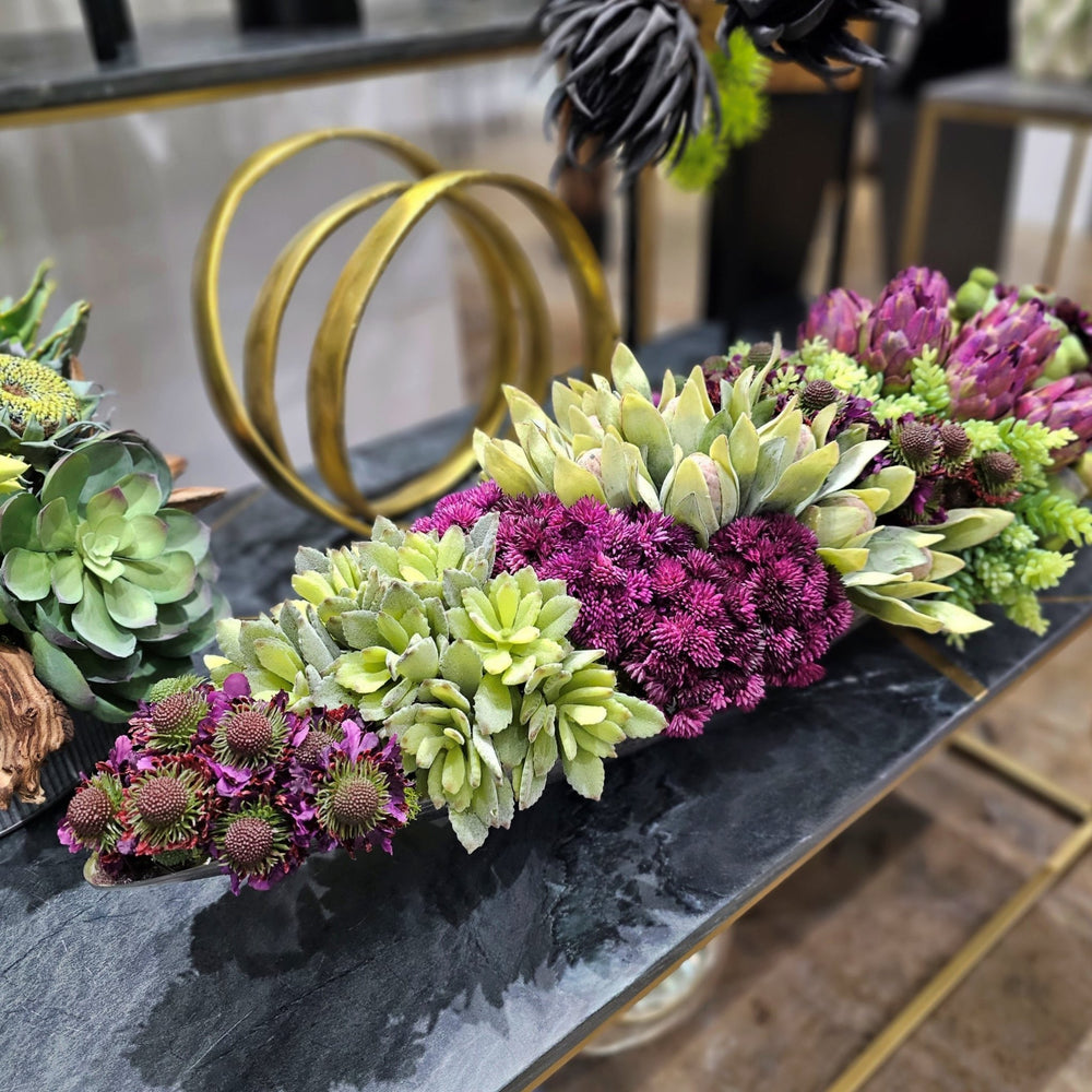 Protea, Scabiosa, Sedum, Agave and Pods in Metal Boat 9"H - LDF Silk