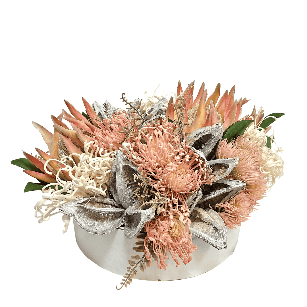 Protea, Sora Pods and Thistle in Ceramic Bowl 12"H - LDF Silk