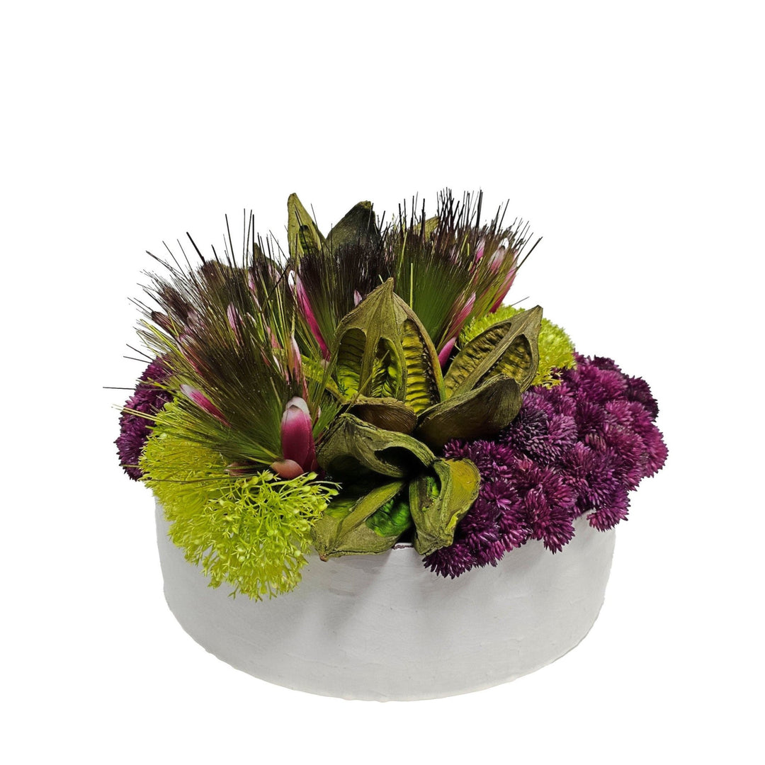 Protea, Sora Pods, Yarrow and Sedum in Round Ceramic Bowl. FH: 10"H - LDF Silk