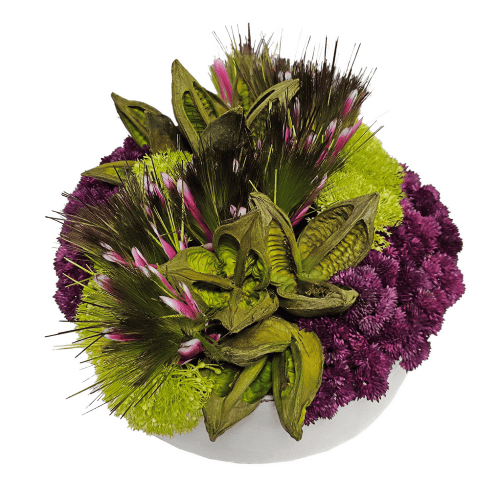 Protea, Sora Pods, Yarrow and Sedum in Round Ceramic Bowl. FH: 10"H - LDF Silk