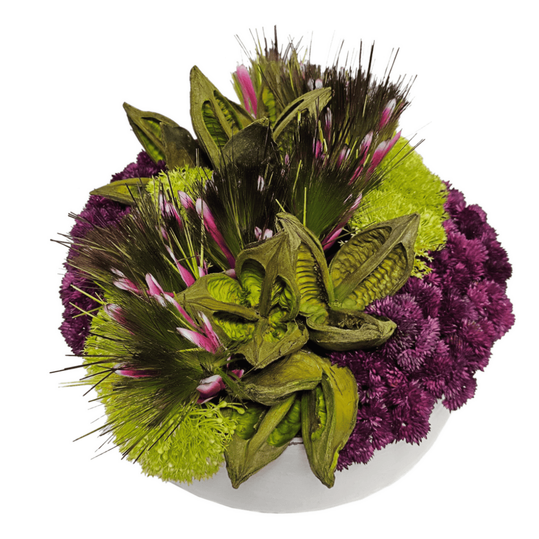 Protea, Sora Pods, Yarrow and Sedum in Round Ceramic Bowl. FH: 10"H - LDF Silk