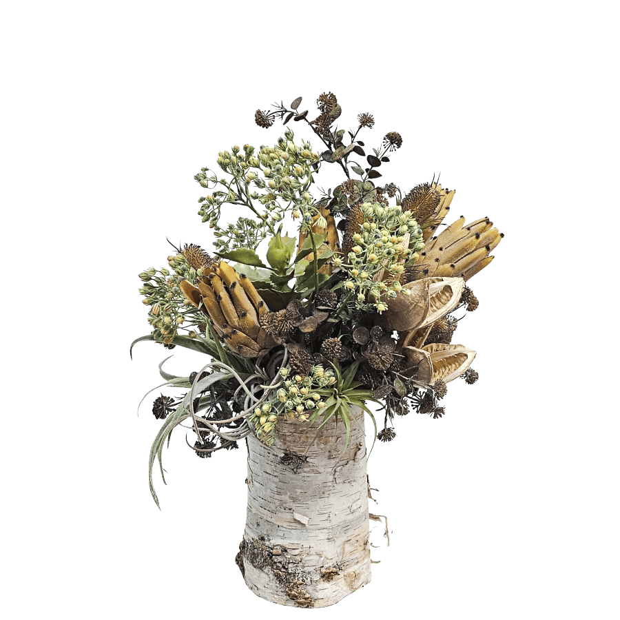 Protea, Thistle, Tillandsia and Berries in Natural Birch Vase 25"H X 18"W X 19"D - LDF Silk