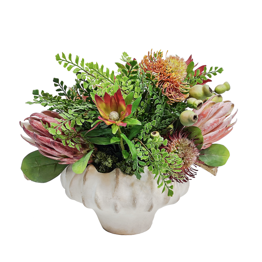 Protea, Wild Pods, Ferns and Curly Vine in Aged Ceramic 16"H - LDF Silk