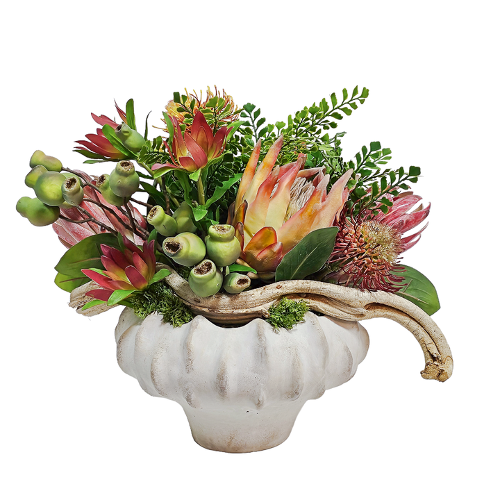 Protea, Wild Pods, Ferns and Curly Vine in Aged Ceramic 16"H - LDF Silk