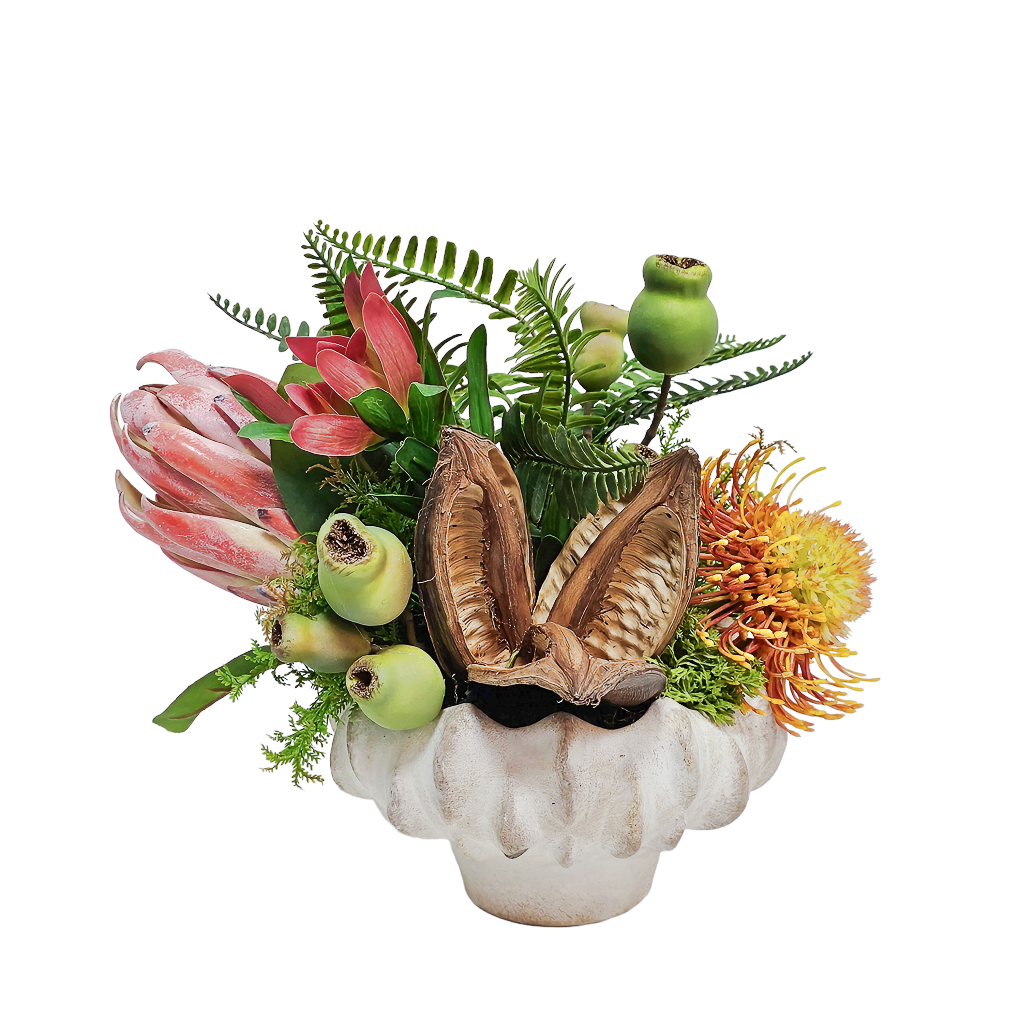 Protea, Wild Pods, Ferns and Sora Pod in Aged Ceramic 10"H - LDF Silk