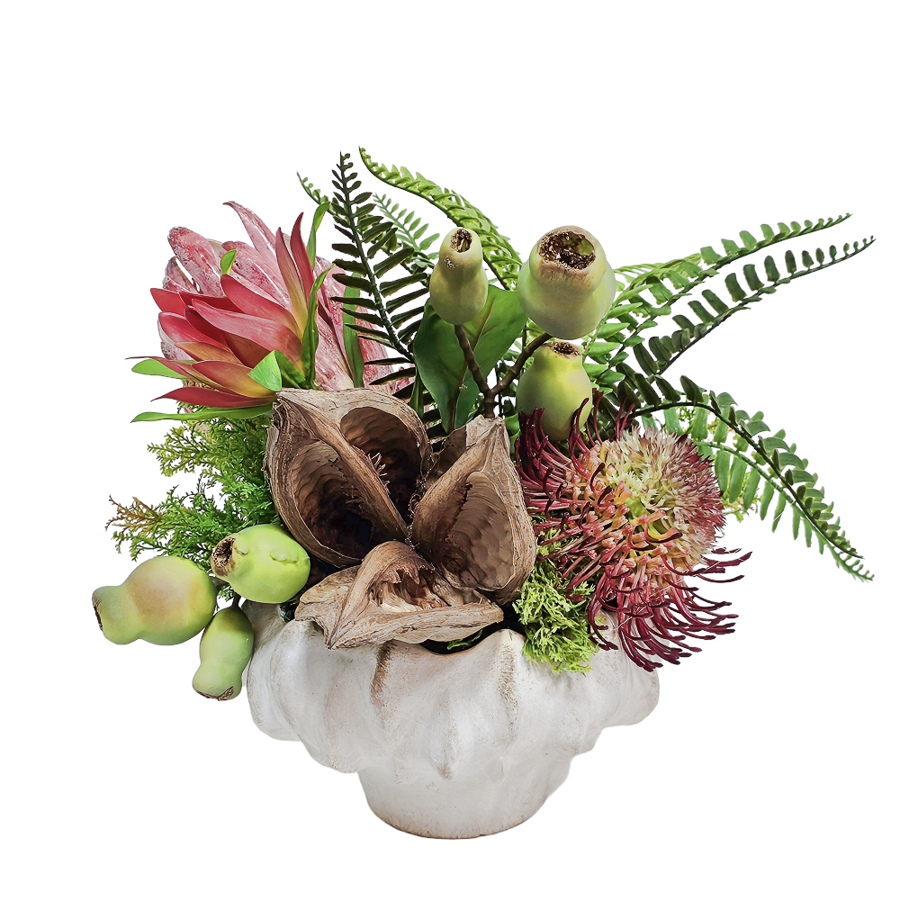 Protea, Wild Pods, Ferns and Sora Pod in Aged Ceramic 10"H - LDF Silk