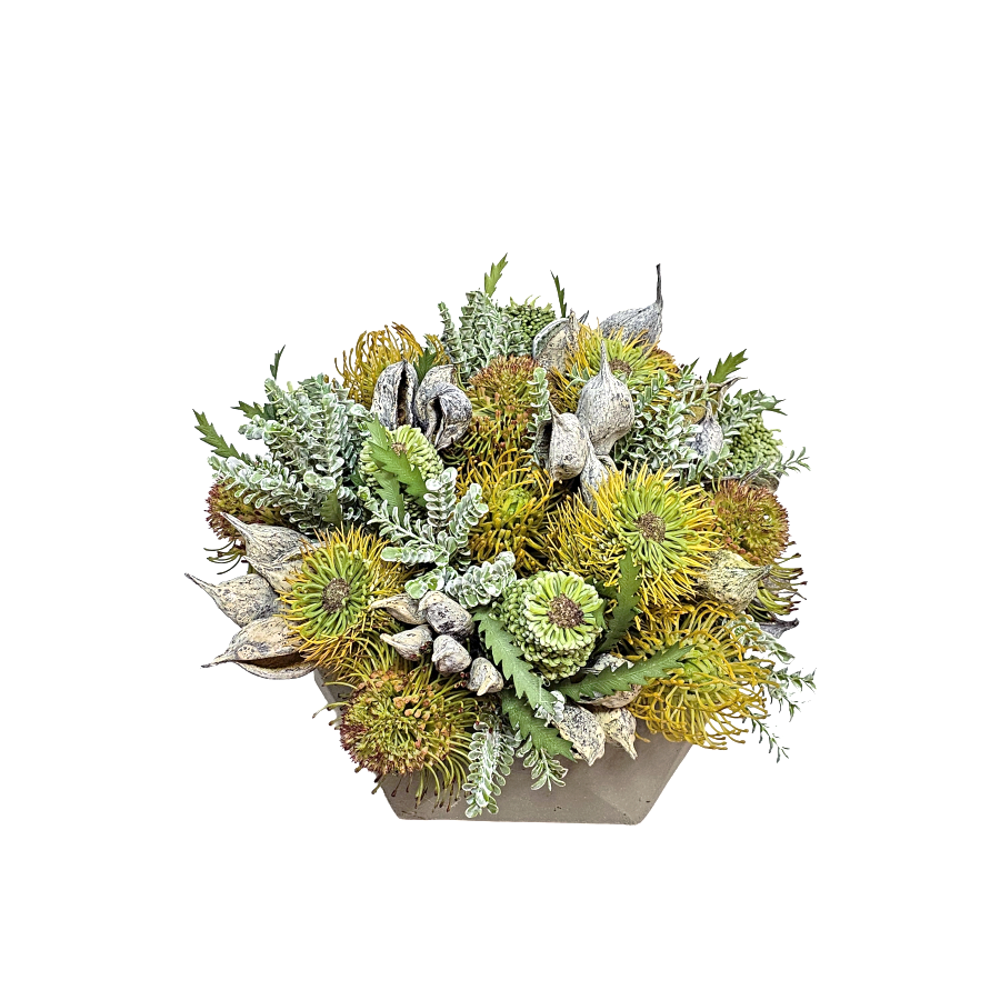 Protea with Club Moss and Dried Pods in Geometric Concrete 12"H x 16"DIA - LDF Silk