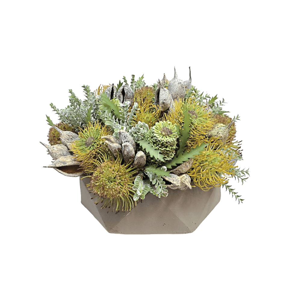 Protea with Club Moss and Dried Pods in Geometric Concrete 12"H x 16"DIA - LDF Silk