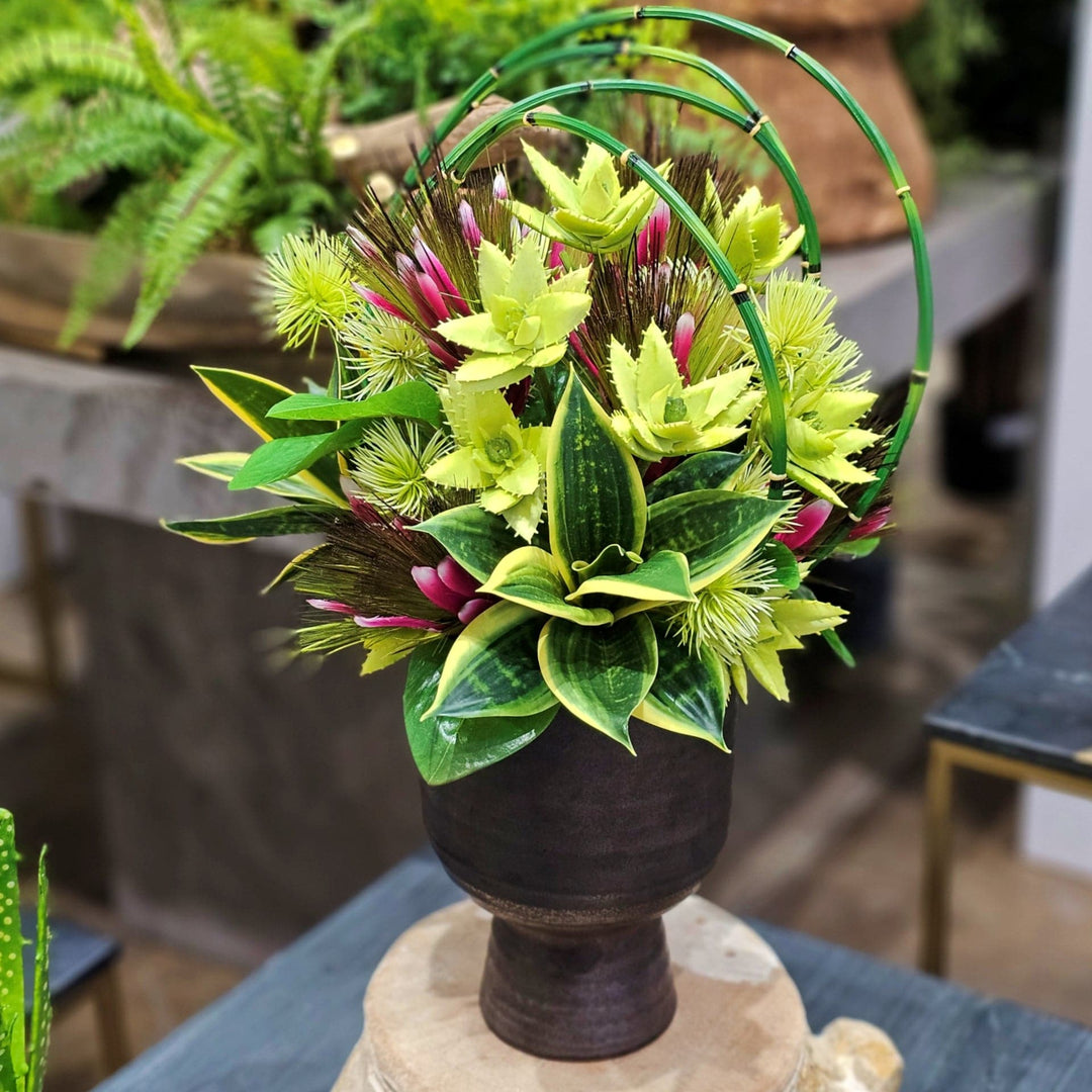Protea with Looped Horsetail Reeds, Succulents and Sansevieria in Gunmetal Ceramic 20"H - LDF Silk