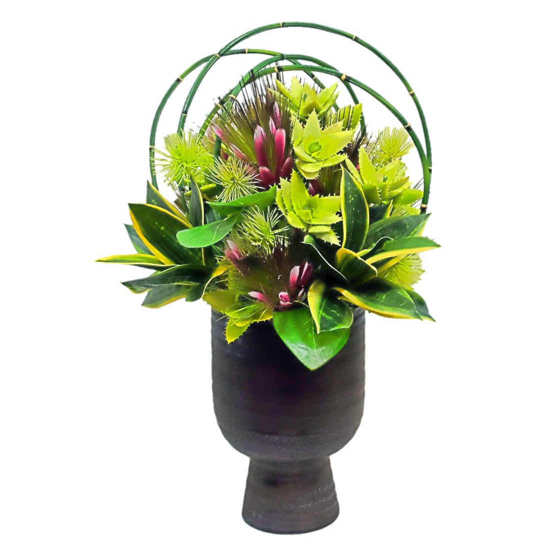 Protea with Looped Horsetail Reeds, Succulents and Sansevieria in Gunmetal Ceramic 20"H - LDF Silk