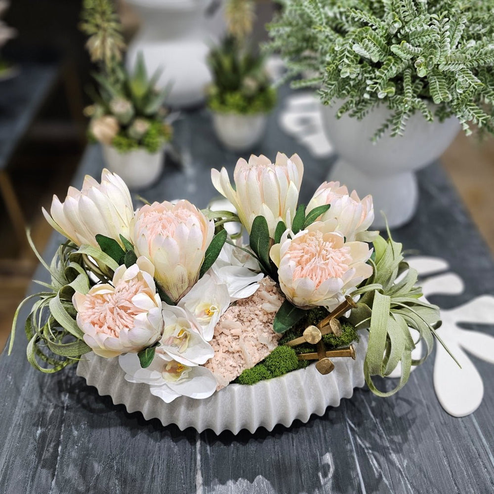 Protea with Specimen Crystal, Orchids and Tillandsia in Ribbed Stone Oval. FH:11" - LDF Silk
