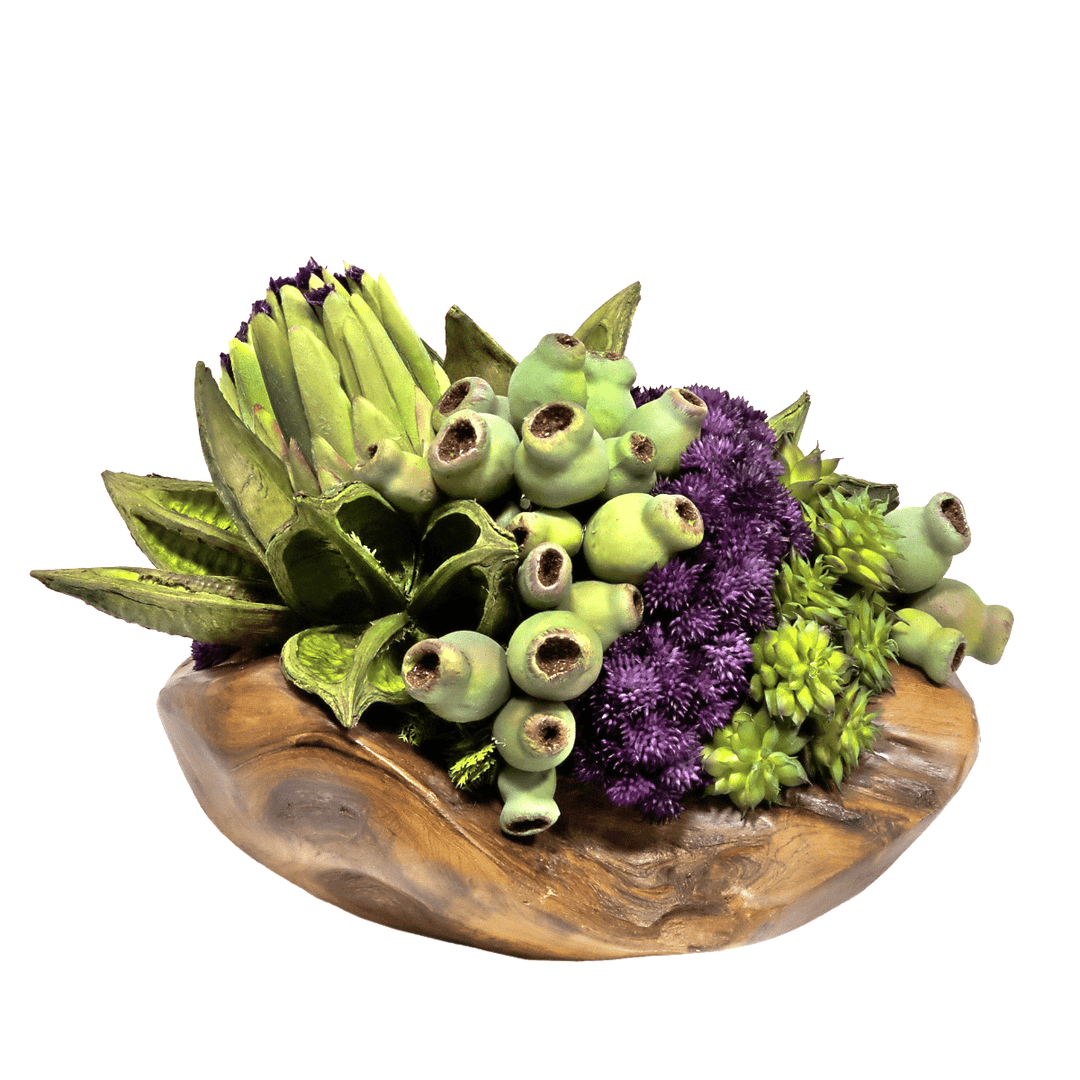 Protea with Various Pods and Succulents in Teak Bowl. FH: 10.5" H - LDF SilkArtificial Flora