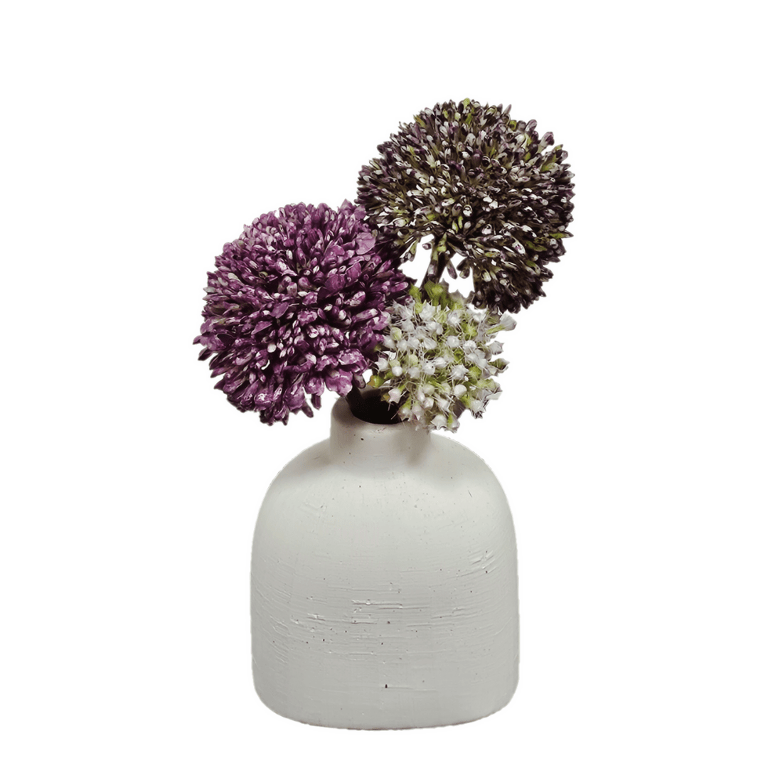 Purple Allium in Matte White Ceramic Vase 7.5"H - LDF Silk