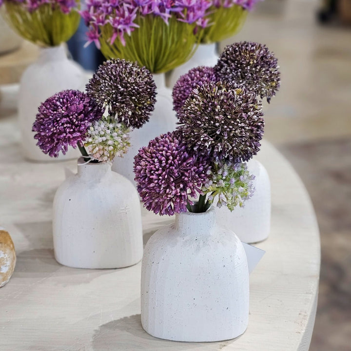 Purple Allium in Matte White Ceramic Vase 7.5"H - LDF Silk