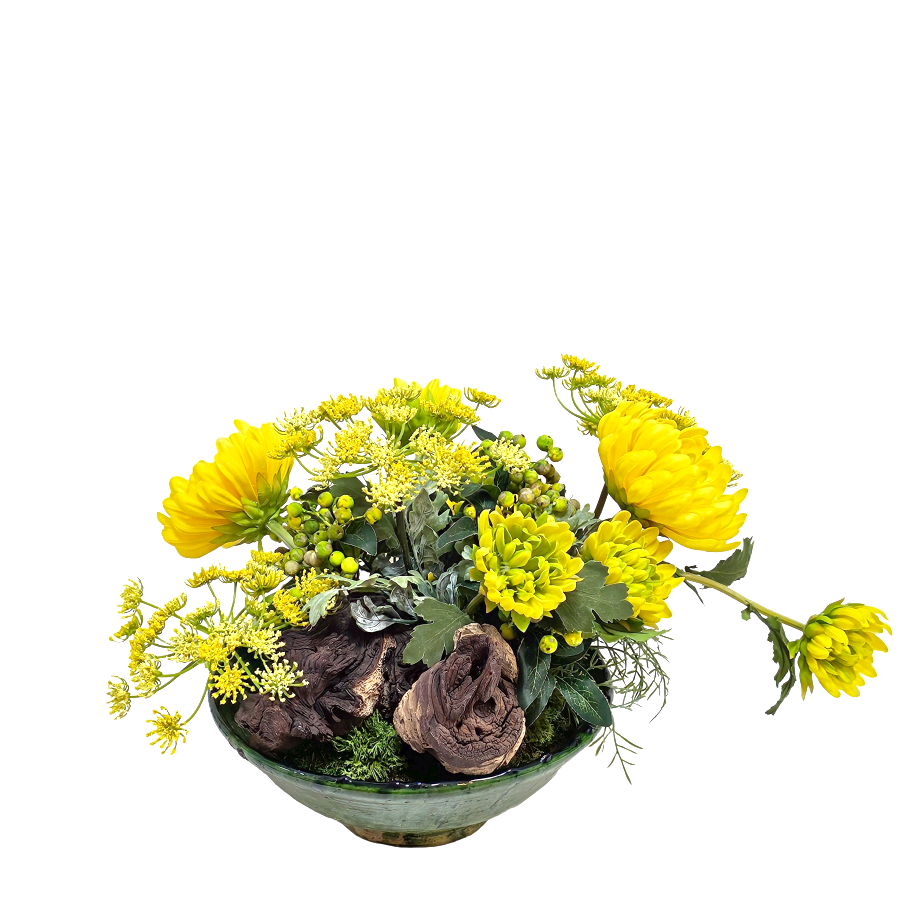 Queen Anne's Lace, Mum Spray, Berries, Fern, and Wood Fragment in Ceramic Bowl 12"H x 24"W x 15"D - LDF Silk