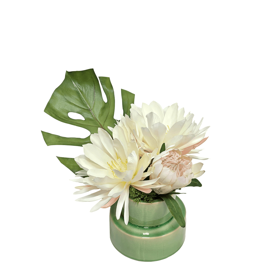 Queen of the Night Flowers, Protea and Monstera Leaf in Ceramic Vase 11"H - LDF Silk
