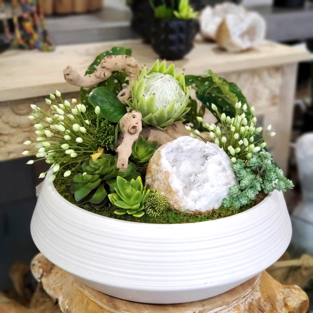 Queen Protea, Agapanthus, Geode, Grapewood, Leaves and Succulents in Ceramic. 15"H - LDF Silk