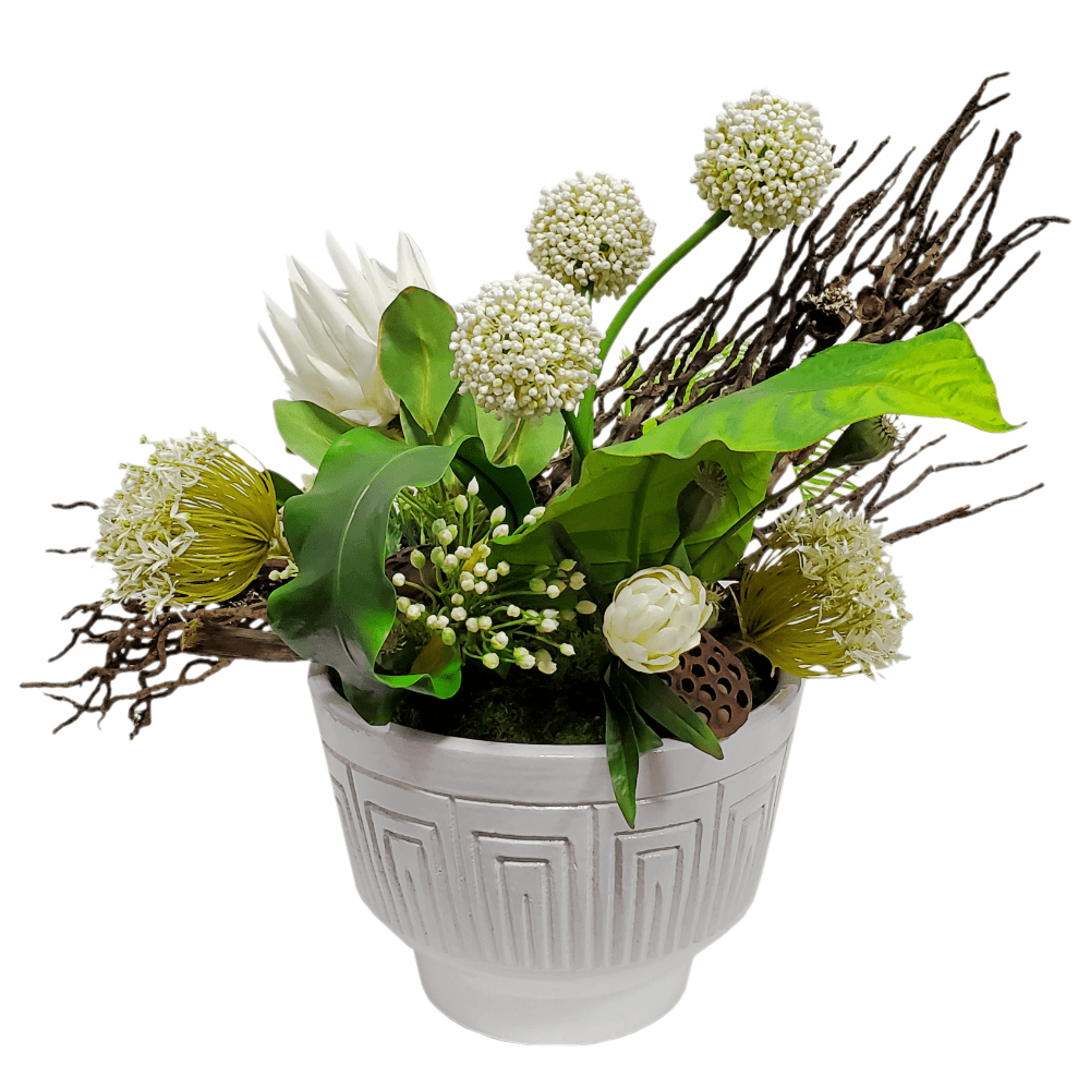 Queen Protea, Allium, Agapanthus, Coco Jhar, Palm, Tropical Leaf and Lotus Pods in Ceramic 29"H - LDF Silk