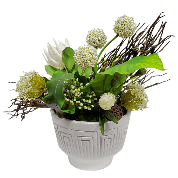 Queen Protea, Allium, Agapanthus, Coco Jhar, Palm, Tropical Leaf and Lotus Pods in Ceramic 29"H - LDF Silk
