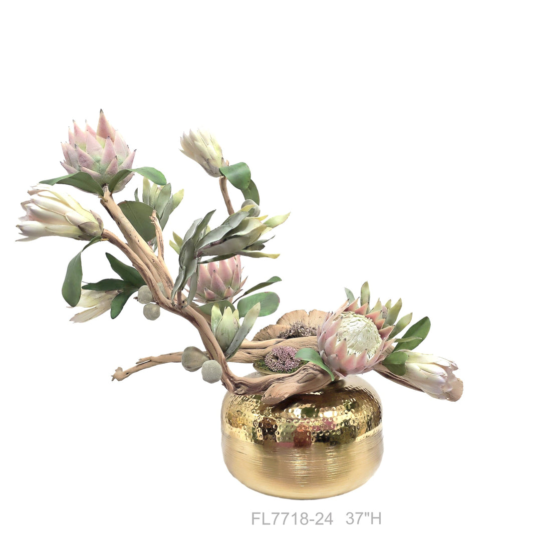 Queen Protea, Buds and Figs on Ghostwood in Hammered Round Metal Vase. Various height options available. - LDF Silk
