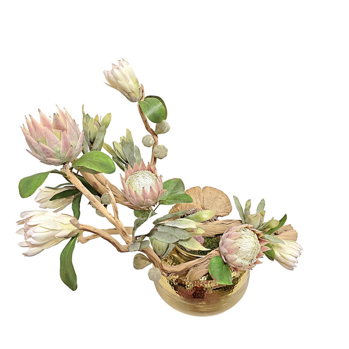 Queen Protea, Buds and Figs on Ghostwood in Hammered Round Metal Vase. Various height options available. - LDF Silk