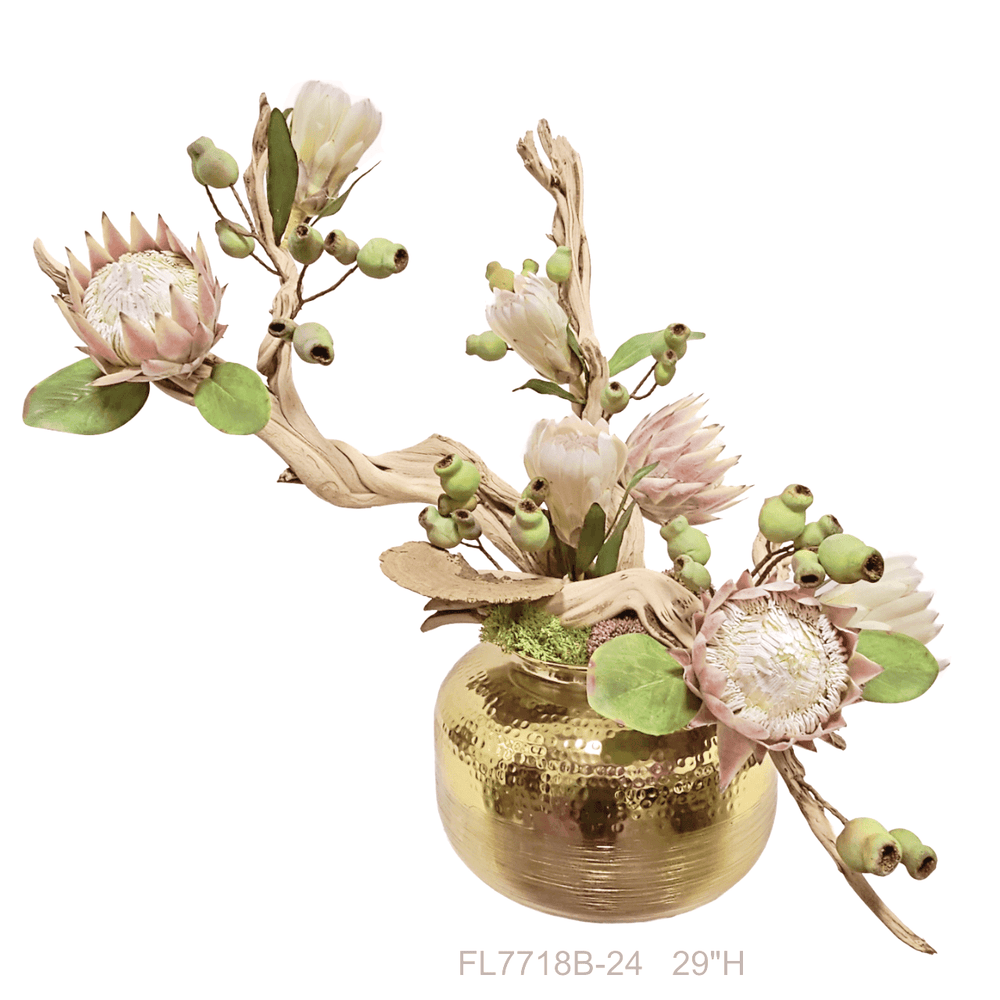 Queen Protea, Buds and Figs on Ghostwood in Hammered Round Metal Vase. Various height options available. - LDF Silk