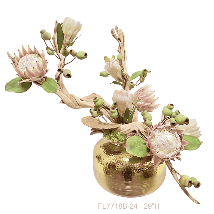 Queen Protea, Buds and Figs on Ghostwood in Hammered Round Metal Vase. Various height options available. - LDF Silk
