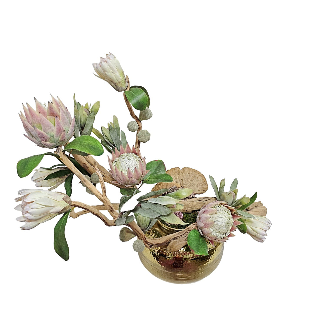 Queen Protea, Buds and Figs on Ghostwood in Hammered Round Metal Vase. Various height options available. - LDF Silk