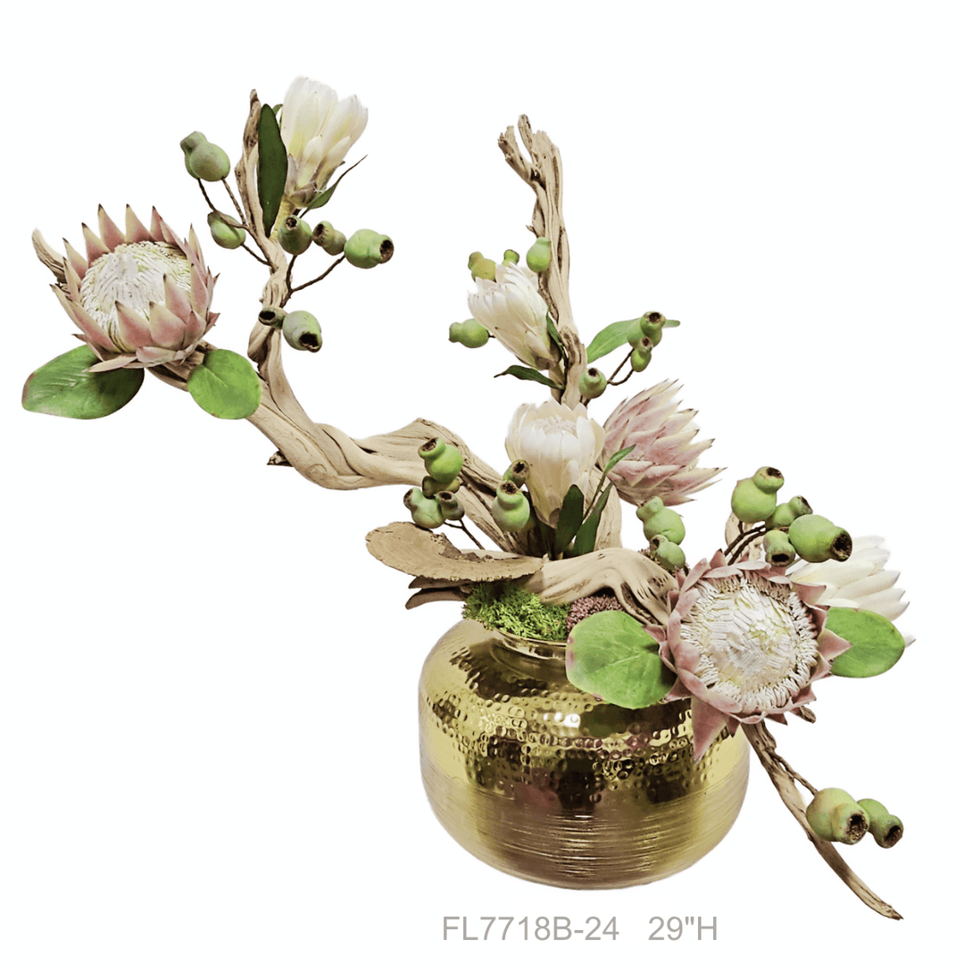 Queen Protea, Buds and Figs on Ghostwood in Hammered Round Metal Vase. Various height options available. - LDF Silk