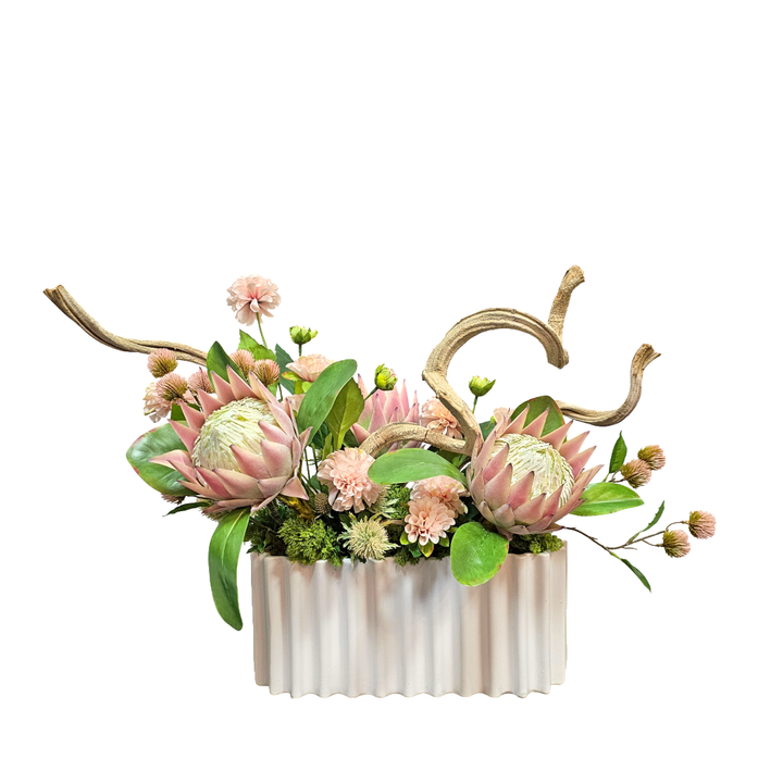 Queen Protea, Dahlias, Thistle and Twisted Vine with Moss in Ribbed Ceramic 18.5"H - LDF Silk
