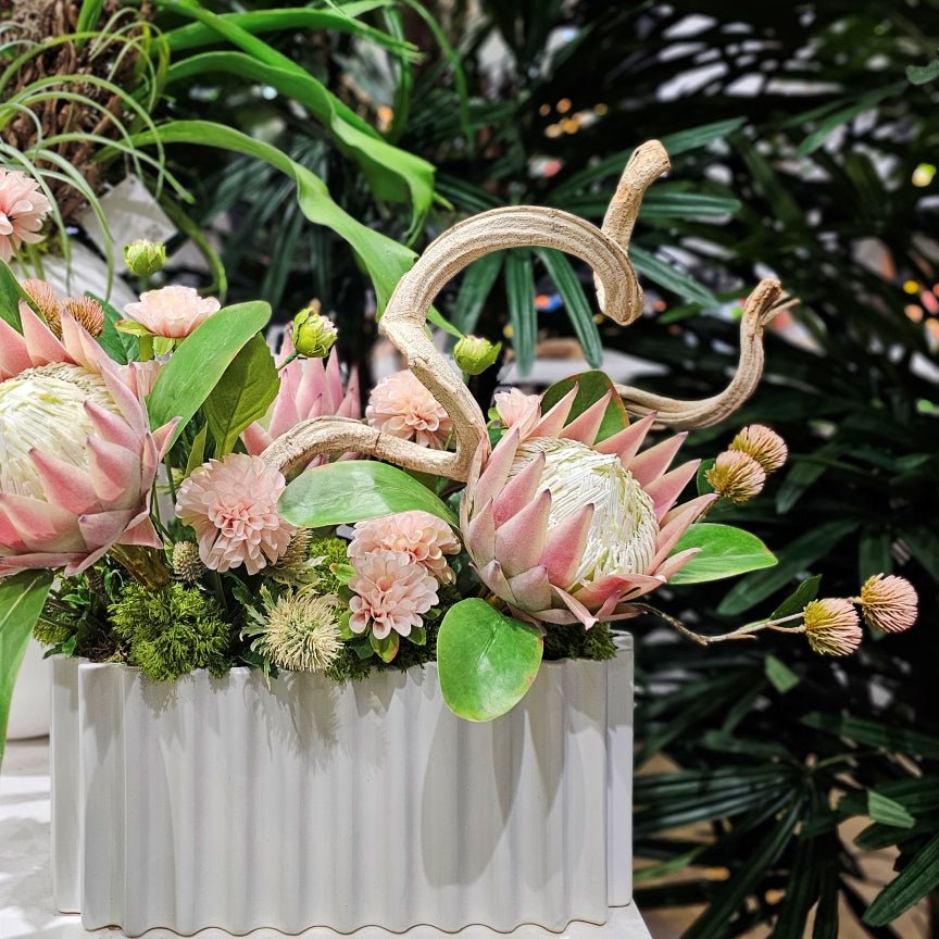 Queen Protea, Dahlias, Thistle and Twisted Vine with Moss in Ribbed Ceramic 18.5"H - LDF Silk