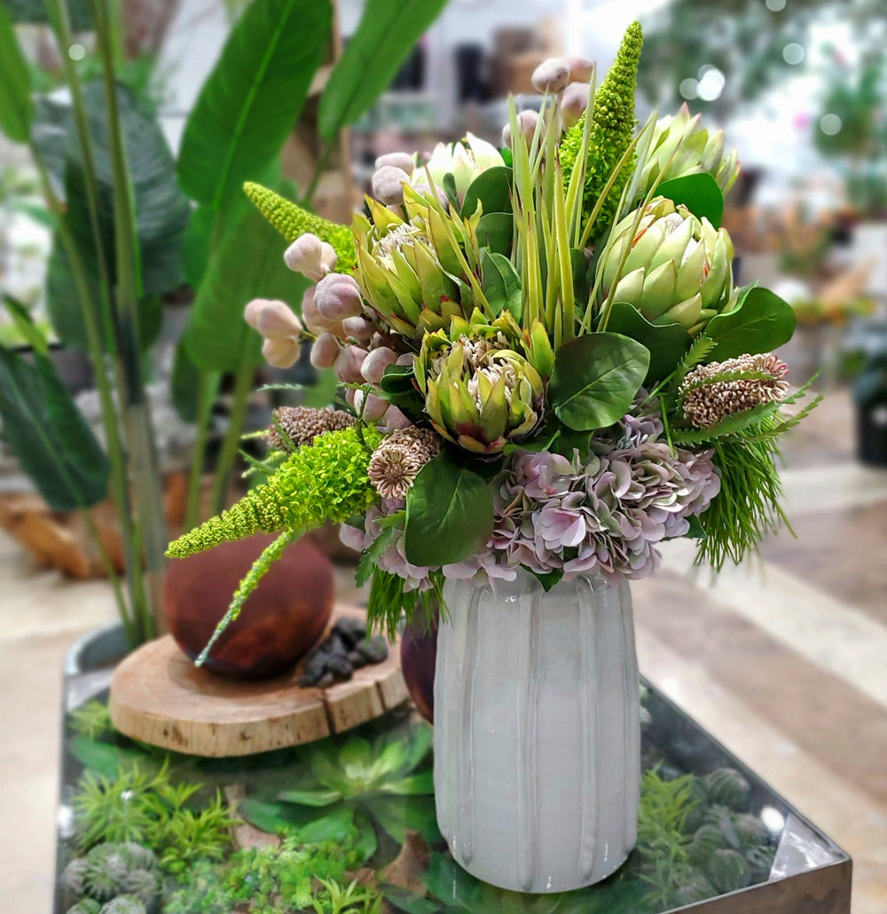 Queen Protea, Eremurus, Banksia, Hydrangea, Fig Stems and Grass in Ceramic FD: 32"H - LDF Silk