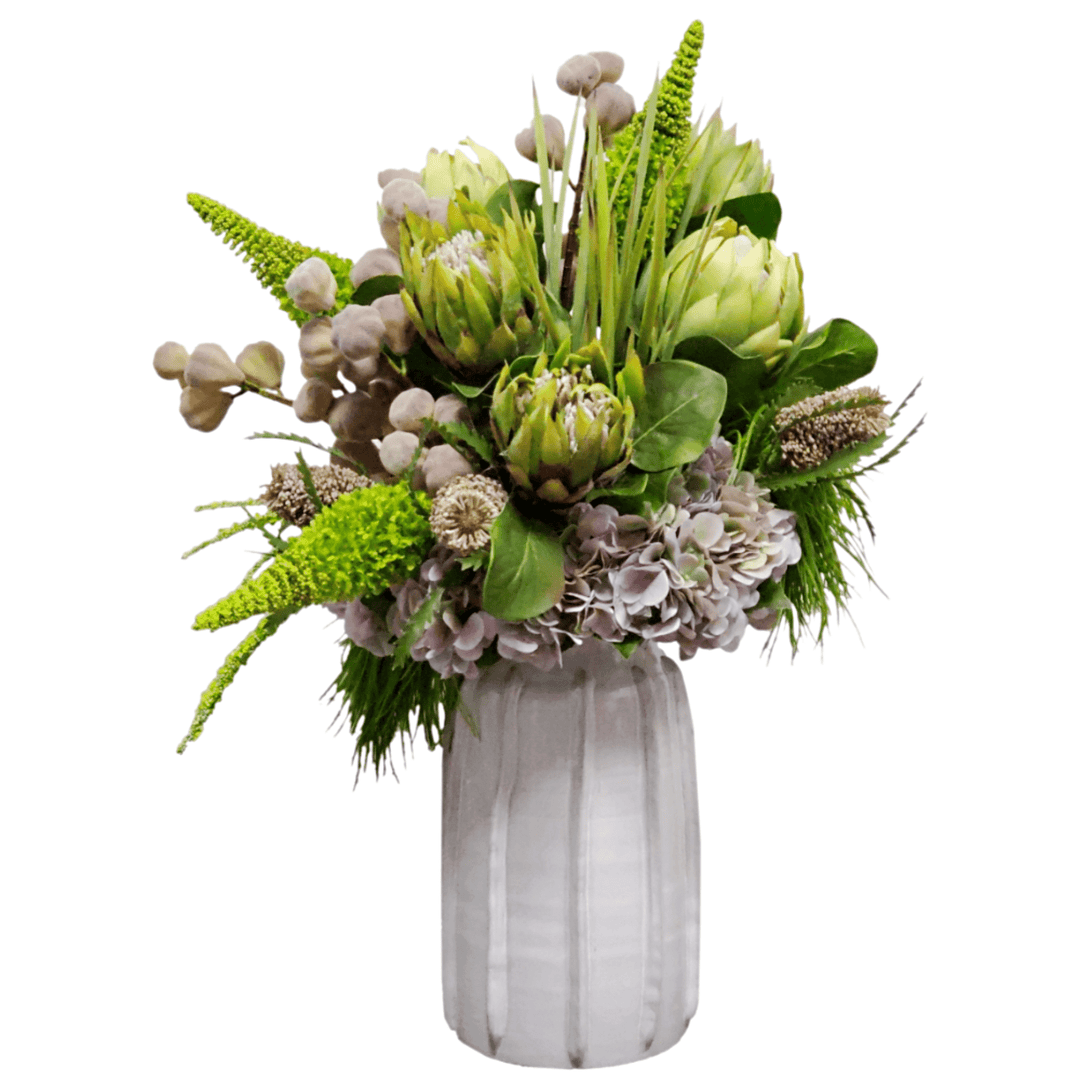 Queen Protea, Eremurus, Banksia, Hydrangea, Fig Stems and Grass in Ceramic FD: 32"H - LDF Silk