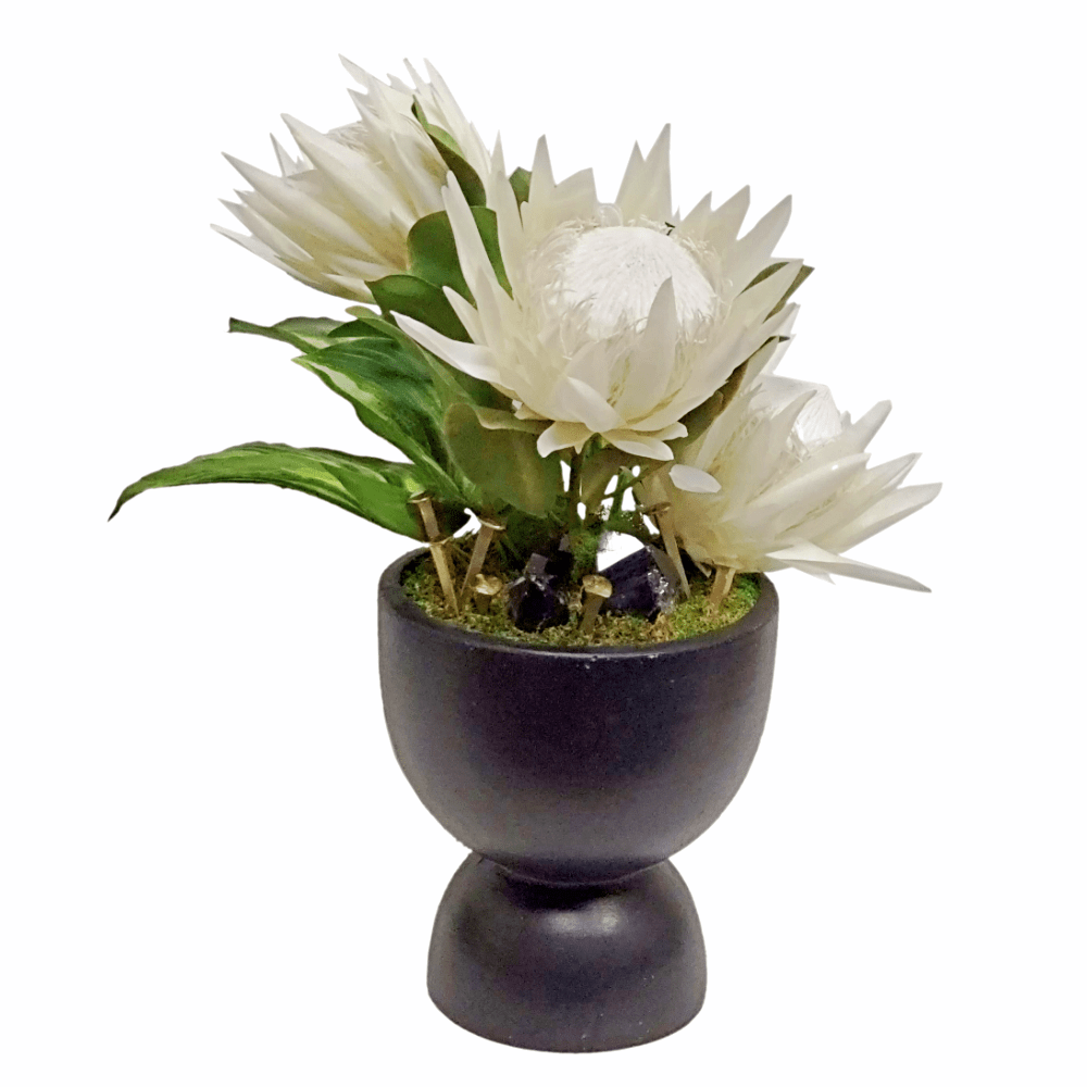 Queen Protea, Leaves, Onyx Crystals and Nails in Bowl 21"H - LDF Silk