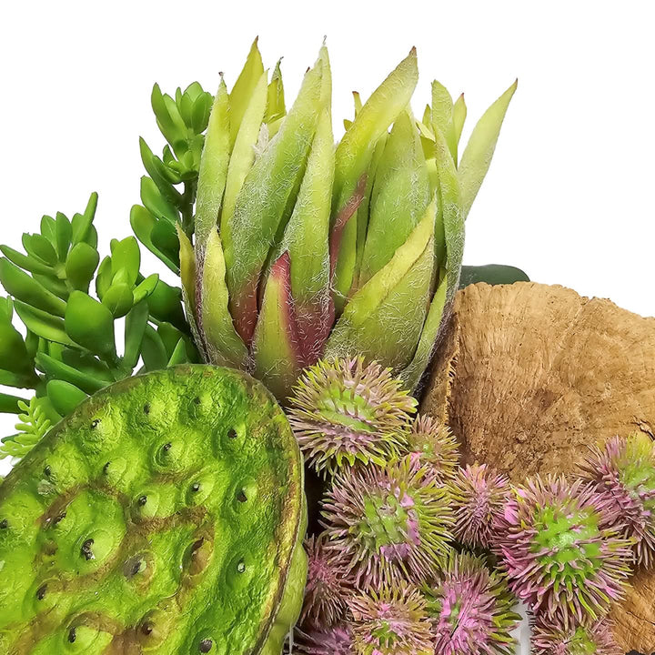 Queen Protea, Succulents and Dried Mushroom in Round Ceramic Bowl. FH: 13" - LDF SilkArtificial Flora