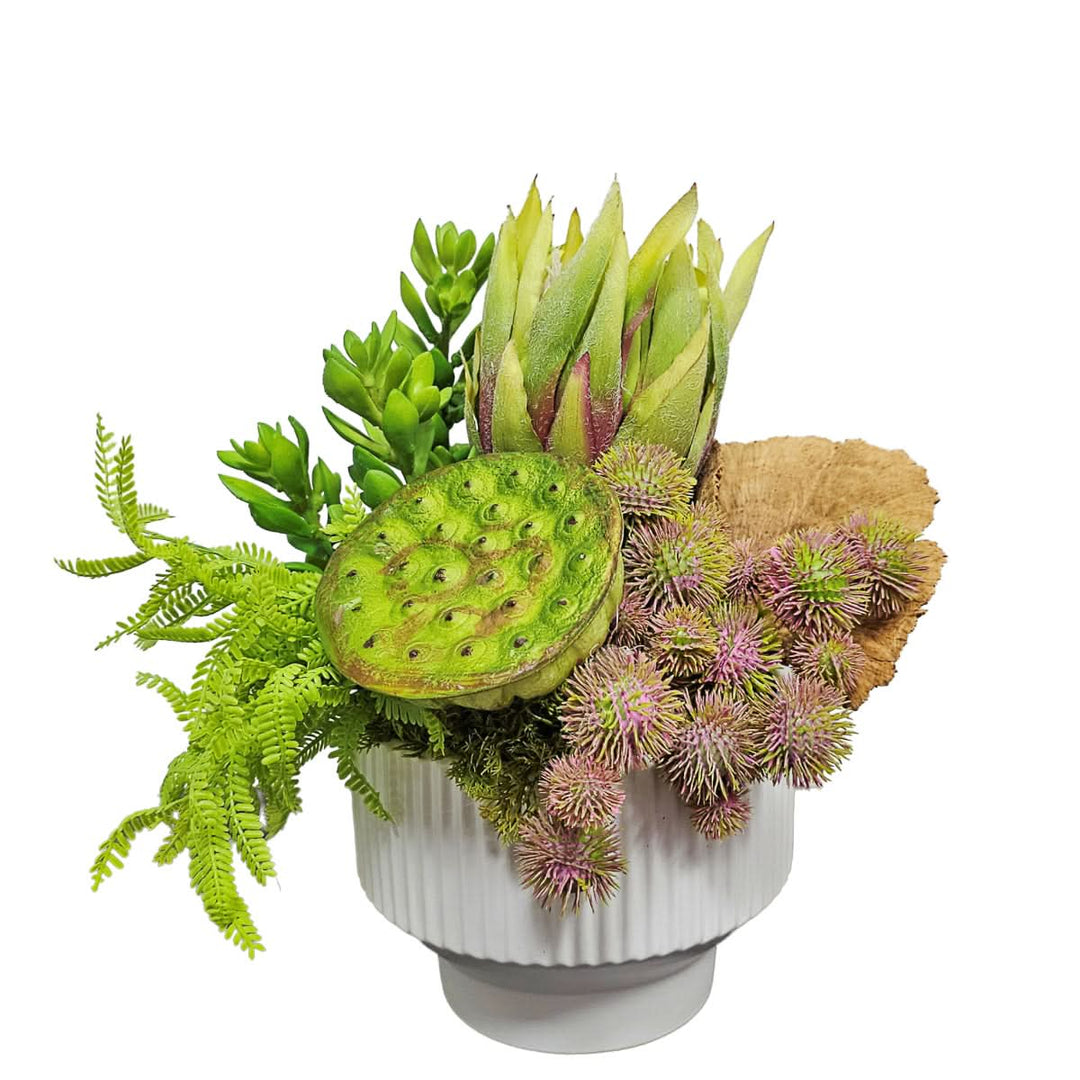 Queen Protea, Succulents and Dried Mushroom in Round Ceramic Bowl. FH: 13" - LDF SilkArtificial Flora